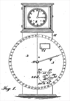 A drawn diagram of a dial recorder, taken from Bundy’s 1895 patent