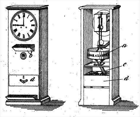 A drawn diagram of a time check machine, taken from Stockall’s 1899 patent.