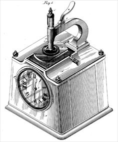 A drawn diagram of a time stamp machine, taken from Martin’s 1892 patent.